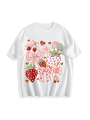 Boho Strawberry Coquette Cotton T-Shirt in White