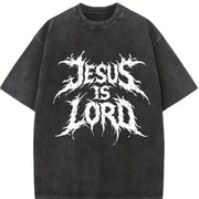 Jesus Is Lord Bold Metal Christian Faith Vintage Washed T-Shirt in Black