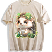 Hedgehog with Jewelry and Lucky Four-leaf Clover Vintage Washed T-Shirt in Beige