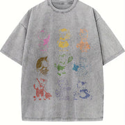Cat 90s Tattoo Retro Kitten Cute Vintage Washed T-Shirt in Gray