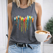 Colorful Dripping Paw Prints Crew-neck Sleeveless Vest Women's Color Cotton Tank Top in Gray