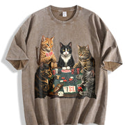 Cats Playing Poker Vintage Washed T-Shirt in Brown