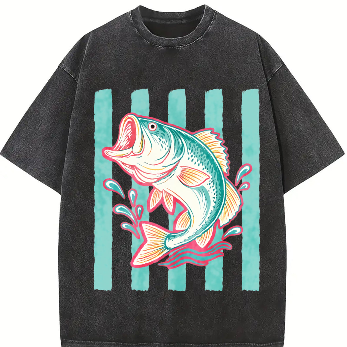 Preppy Bass Fishing Striped Bass Vintage Washed T-Shirt in Black