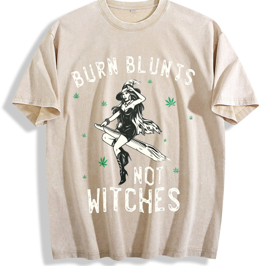 Burn Blunts Not Witches Marijuana Weed Smoker Stoner vintage washed oversized T-shirt in Beige