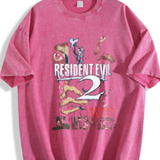 Resident Evil 2 You Died horror Game soft game movie game vintage washed oversized T-shirt in Red