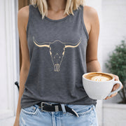 Bull Skull Outline Crew-neck Sleeveless Vest Outdoor Women's Color Cotton Tank Top in Gray