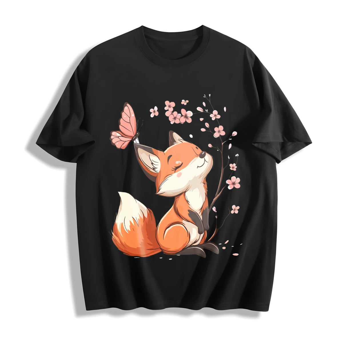 Floral Butterfly Fox Cotton T-Shirt in Black