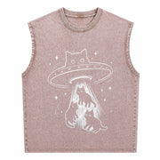 Cat UFO Cute Kitty Space Spaceship Alien Vintage Washed Tank Top in Brown