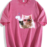 1pcscute Cat T-shirtmen's Vintage Washed T-Shirt in Red