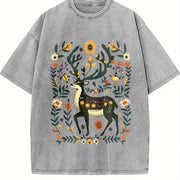 Bohemian Folk Art Vibrant Deer & Floral Vintage Washed T-Shirt in Gray