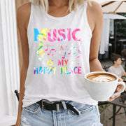 Music Is My Happy Place Crew-neck Sleeveless Vest Outdoor Women's Color Cotton Tank Top in White