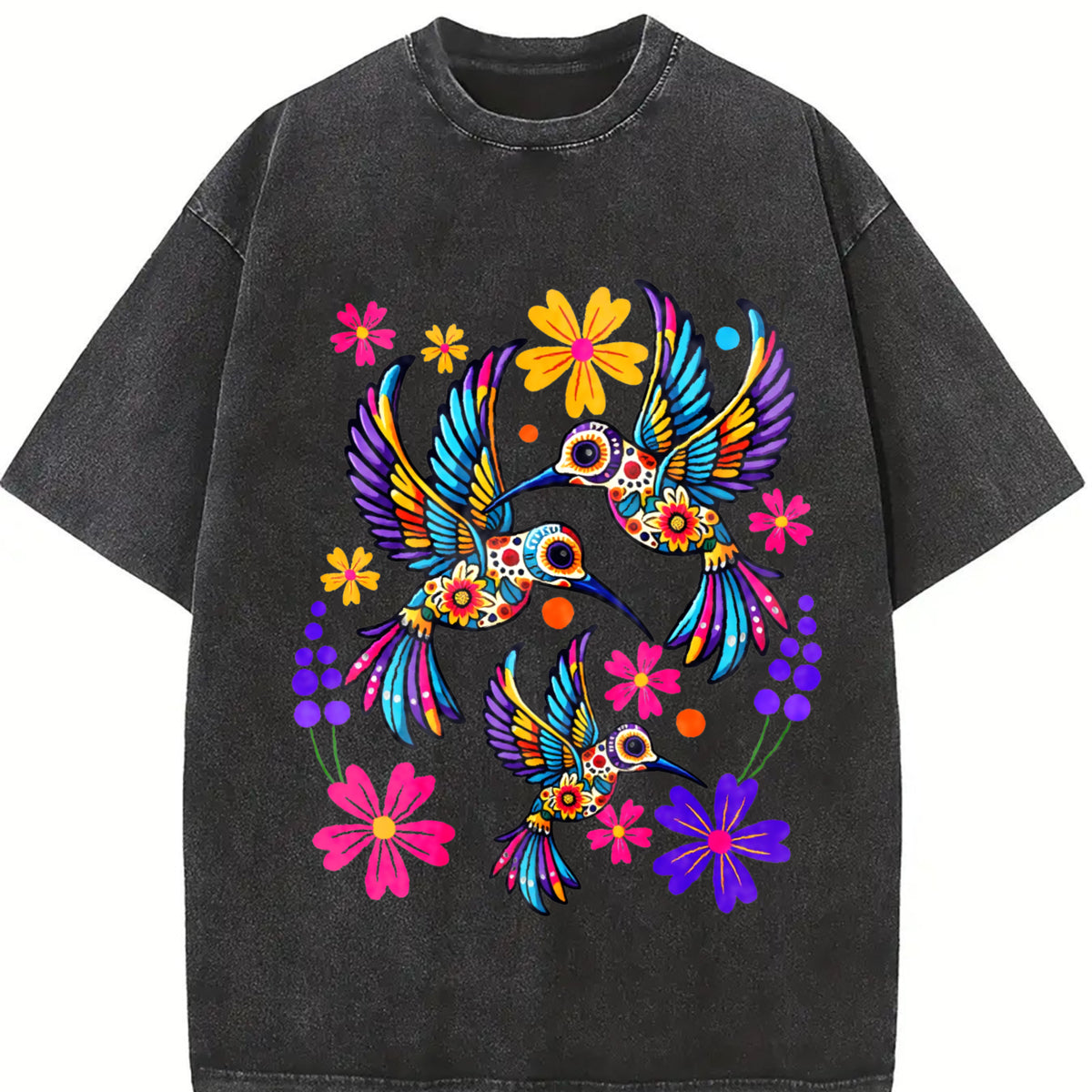 Short-sleeve with a Mexican and Bohemian Vintage Washed T-Shirt in Black