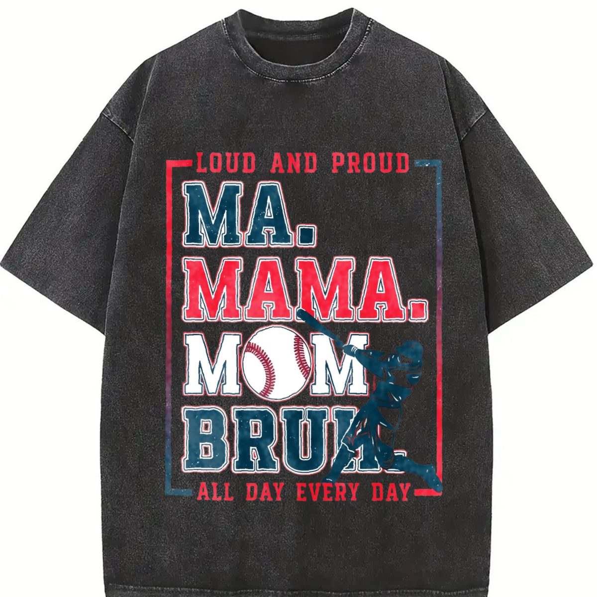 Loose 90S Retro MAMA Mommom BRU and Bat Vintage Washed T-Shirt in Black