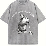 Off To Cause A Kerfuffle Opossum Scooter Mental Health vintage washed oversized T-shirt in Gray