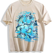 Playful Dolphins Ocean Vintage Washed T-Shirt in Beige