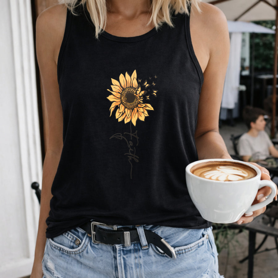 Sunflower Bee Signature Artwork Crew-neck Sleeveless Vest Women's Color Cotton Tank Top in Black