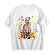 Cute Raccoon Floral Cotton T-Shirt in White