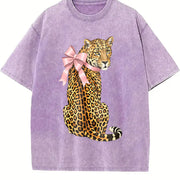 Pink Leopard with Bow Vintage Washed T-Shirt in Purple