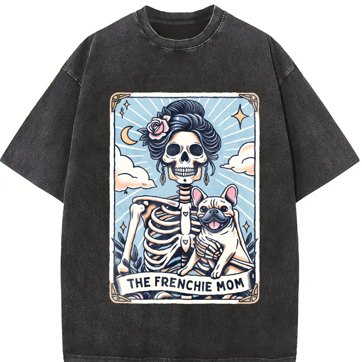 French Bulldog ® Frenchie Dog Mom Tarot Card Vintage Washed T-Shirt in Black