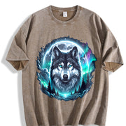 Retro Wolf at the Moon Vintage Washed T-Shirt in Brown