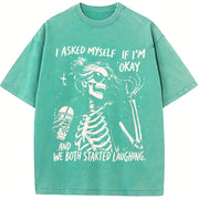 I Asked Myself If I'm Okay Skeleton Vintage Washed T-Shirt in Blue