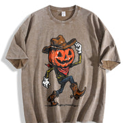 Pumpkin Cowboy Halloween Western Vintage Washed T-Shirt in Brown
