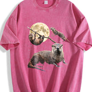 Otter Moon Retro River Otters Wildlife Vintage Washed T-Shirt in Red