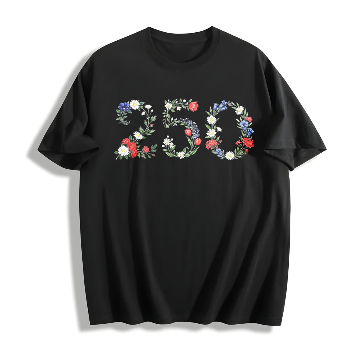 USA 250th Anniversary Floral Patriotic American Flag Cotton T-Shirt in Black
