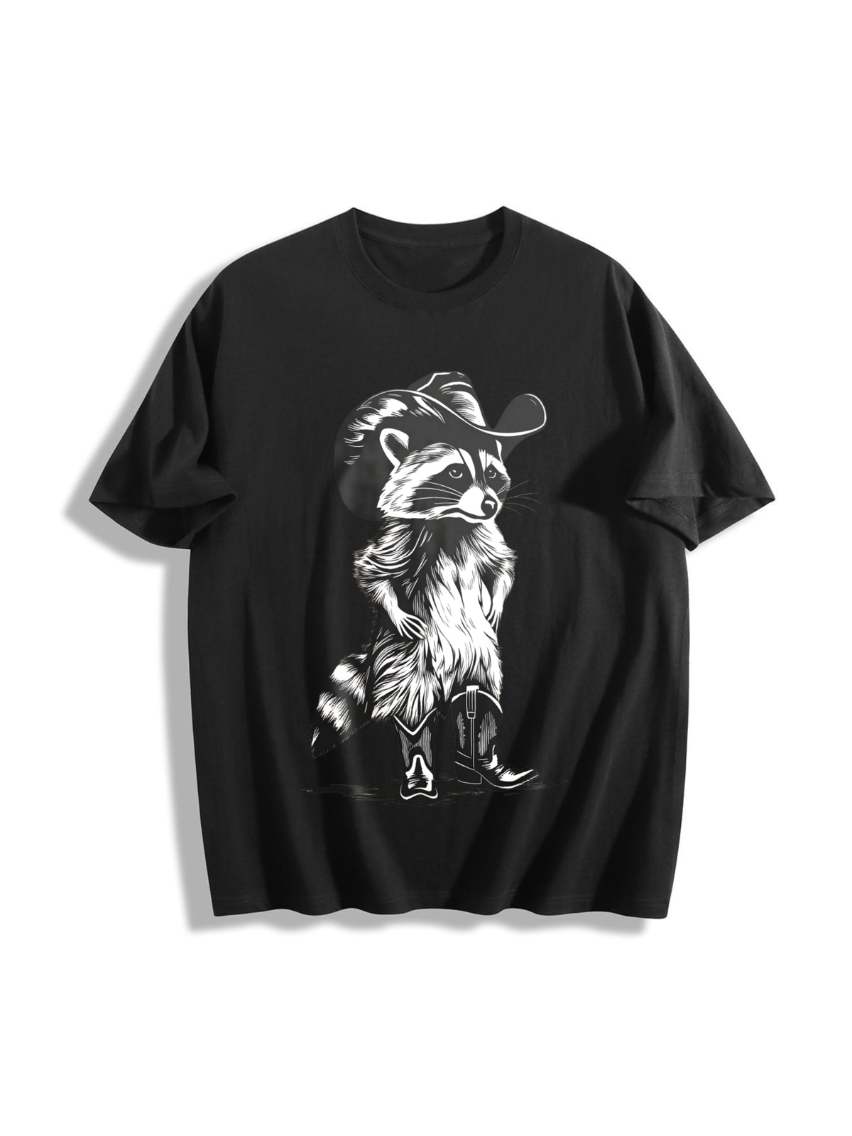 Western Raccoon Retro Cowboy Racoon Cotton T-Shirt in Black
