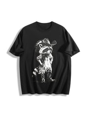 Western Raccoon Retro Cowboy Racoon Cotton T-Shirt in Black