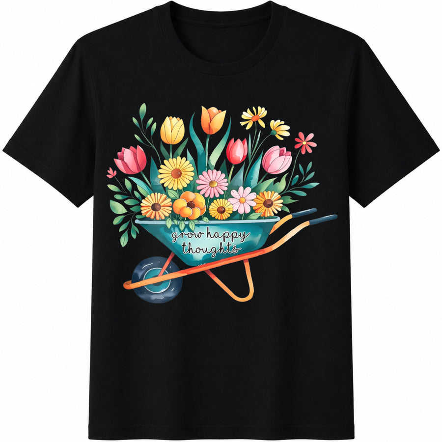 Grow Happy Thoughts Flowers Cotton T-Shirt in Black