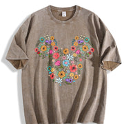Floral Mouse Head Whimsical Ears Vintage Washed T-Shirt in Brown