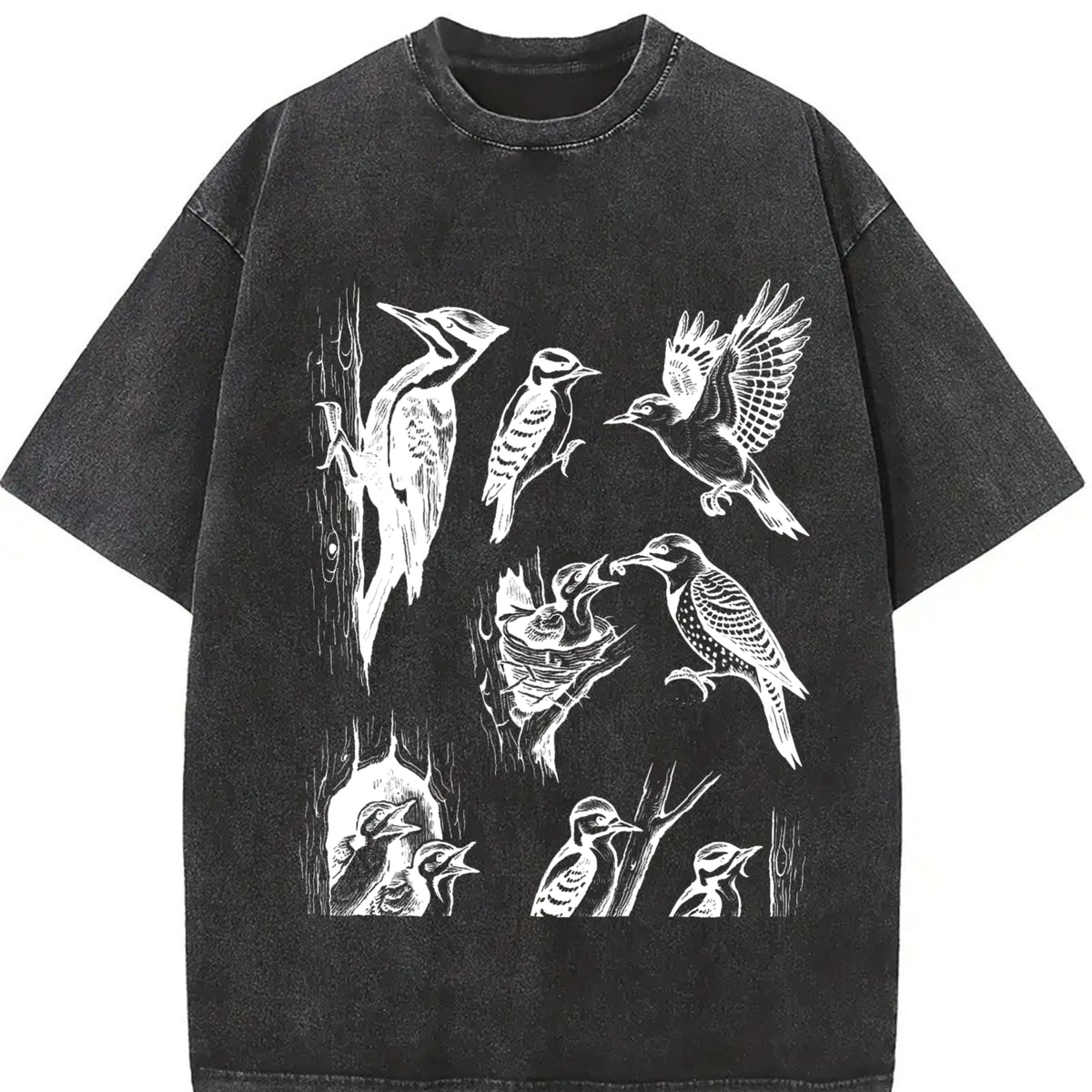 Woodpecker Bird 90s Tattoo Vintage Washed T-Shirt in Black
