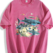 Marine Biology Ocean Sharks Illustration Boxy Vintage Washed T-Shirt in Red