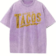 Powered by Tacos Sarcastic Retro for Guys Classic Vintage Washed T-Shirt in Purple