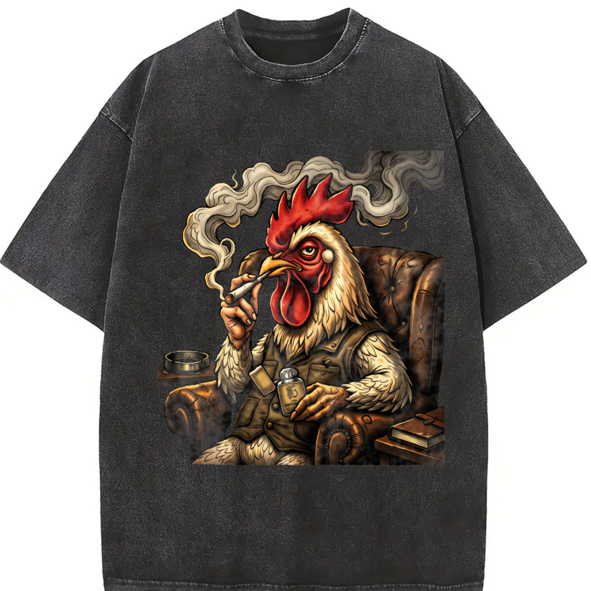 Smoking Chicken in an Armchair Vintage Washed T-Shirt in Black