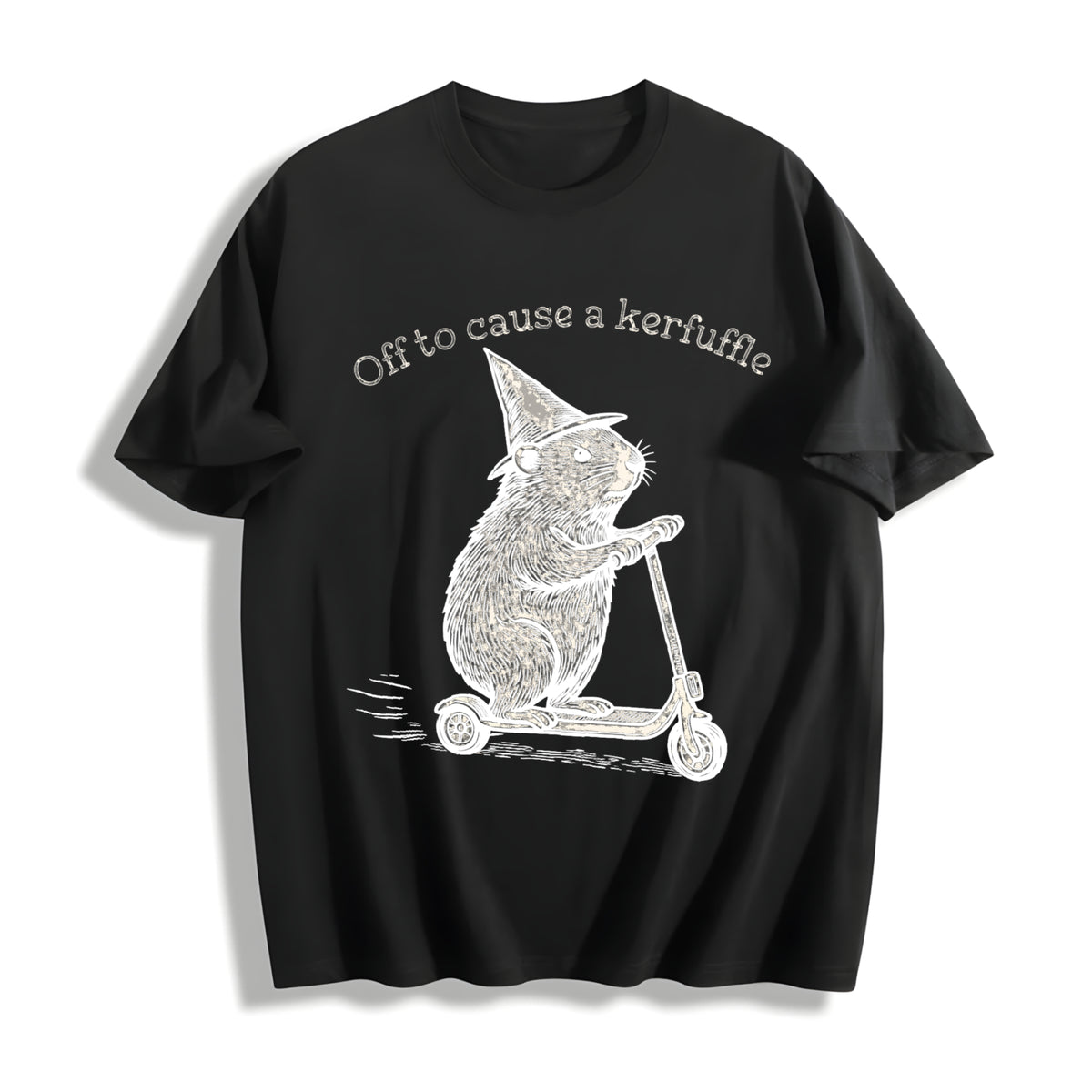 Off to Cause a Kerfuffle Groundhog Scooter Silly Animal Cotton T-Shirt in Black
