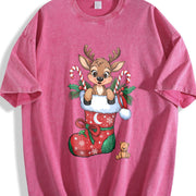 Christmas Reindeer and Candy Cane Vintage Washed T-Shirt in Red