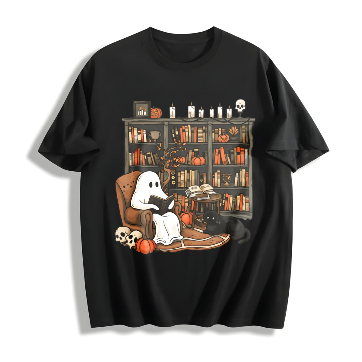 Retro Ghost Reading Books Cotton T-Shirt in Black