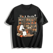 Retro Ghost Reading Books Cotton T-Shirt in Black