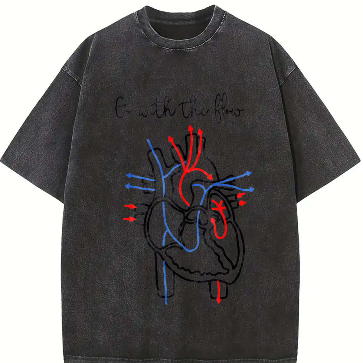 Simple Letter and Peace Heart One-piece Vintage Washed T-Shirt in Black