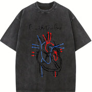 Simple Letter and Peace Heart One-piece Vintage Washed T-Shirt in Black