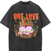 One Love Flame Heart Sleeveless Tank Vintage Washed T-Shirt in Black
