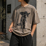 Raccoon Cowboy Western Cowgirl Vintage Washed T-Shirt in Brown