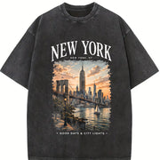 New York City NYC Travel Souvenir Urban Skyline Vintage Washed T-Shirt in Black