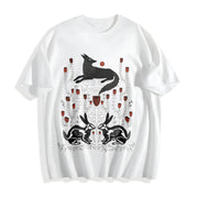 Fantasy Mysterious Floral Fox Skull Rabbit One-piece Cotton T-Shirt in White