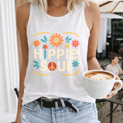 Hippie Soul Flower Peace Love Crew-neck Sleeveless Vest Women's Color Cotton Tank Top in White