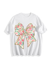 Coquette Bow Floral Bow Cotton T-Shirt in White