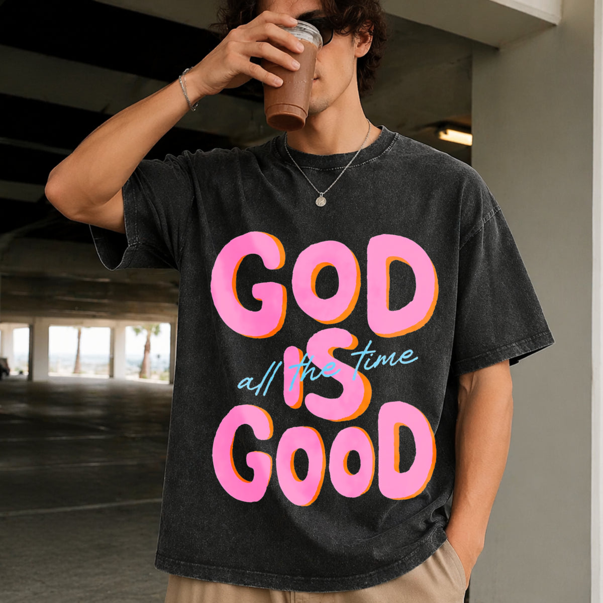 GOD IS GOOD All the Time Vintage Washed T-Shirt in Black