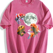Koi Fish Howling at Moon 90s Vintage Washed T-Shirt in Red